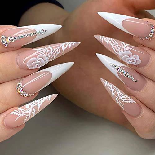 YOSOMK Stiletto Press on Nails Long with 3D Rhinestones Designs White Rose Butterfly False Fake Nails Acrylic Nails Press On Artificial Nails for Women Stick on Nails With Glue on nails