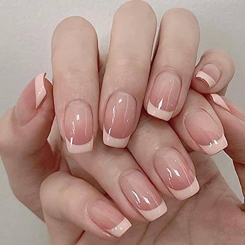 French Fake Nails Tips Square Press on Nails Short with Pink Design Glossy Acrylic Full Cover False Nails Artificial Finger Glue on Nails for Women and Girls 24Pcs