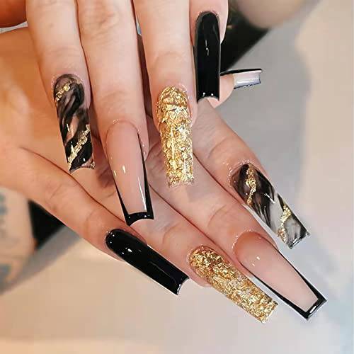YOSOMK French Tip Press on Nails Long with Designs Black and Gold False Fake Nails Press On Coffin Artificial Nails for Women Stick on Nails With Glue on Static nails