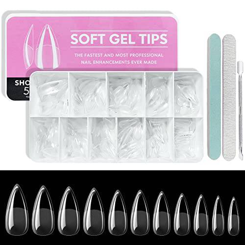 Freeorr 550 Pcs Soft Gel Full Cover Nail Tips with 2 Pcs Nail Files and Cuticle Pusher, 10 Sizes Clear Acrylic Full Cover Fake Nail Tips with Box, Press On Nail Kit for Soak Off Nail Extensions(Short Stiletto)