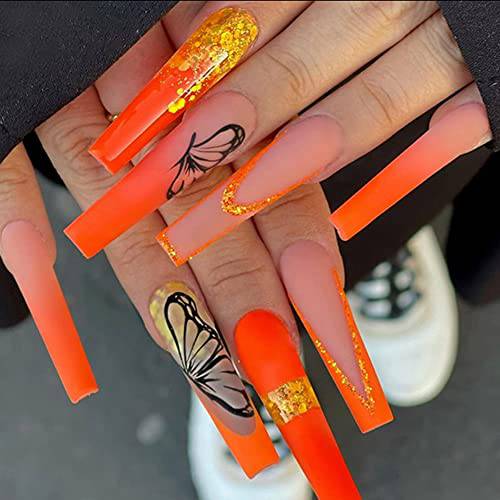 24 Pcs Press on Nails Long Butterfly Fake Nails Full Cover Stick on Nails French Acrylic Ballet French Orange Bright Black Butterfly Exquisite Design Nails for Women and Girls