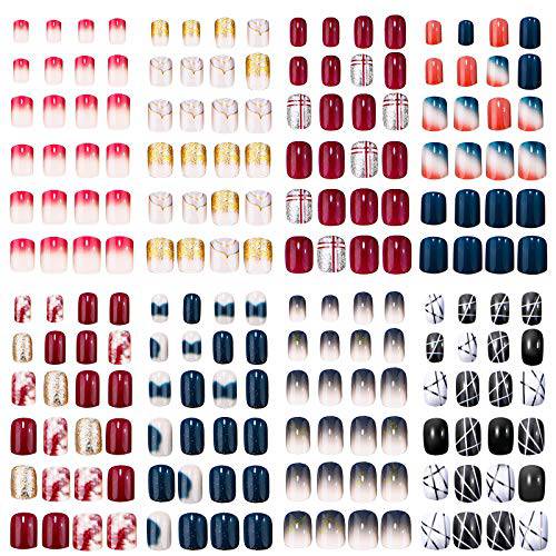 192 Pieces 8 Boxes Press on Nails Short Fakes Nails Square False Nails for Girls Colorful Glossy Artificial Fingernails Full Cover with Nail Glue for Nail Salon Art DIY Supplies (Chic Pattern)