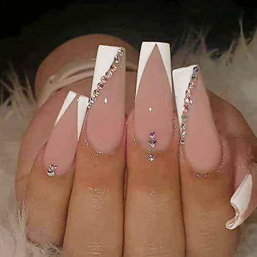 VOTACOS French Tip Press on Nails Long Coffin Fake Nails Nude False Nails with Glitter Sequins Design Glossy Stick on Nails for Women