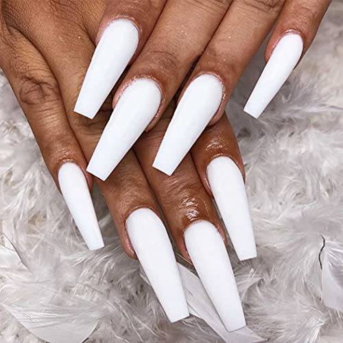 Outyua Matte White Press on Nails Coffin Long Fake Nails Solid Acrylic False Nails with Designs Cute Full Cover Nails 24Pcs (White)
