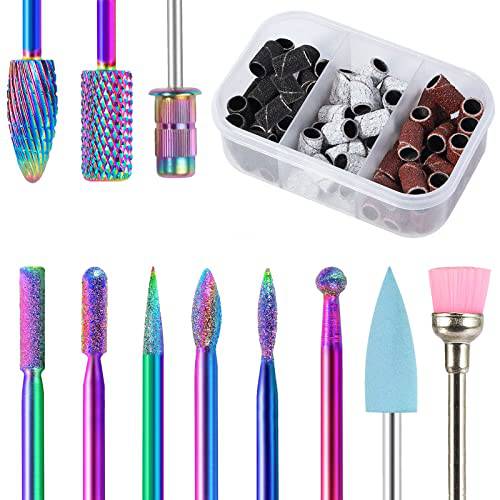 BQAN Nail Drill Bits, 10Pcs 3/32 inch Tungsten Carbide Drill Bit Set, with 75Pcs File Sanding Bands (80120180 Grits), Professional Drill Bits Set for Acrylic Gel Nails, Manicure Pedicure