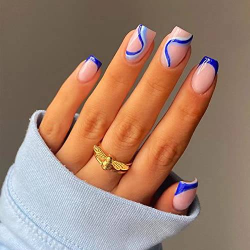 YoYoee Short Square Press on Nails French False Nails Acrylic Full Cover Glossy Fake Nails Blue Swirl Tips for Women and Girls 24PCS