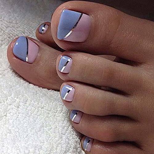 Outyua Short Press on Toenails Square False Toe Nail Glossy Cute Acrylic Fake Toe Nails Full Cover Artificial Feet Fake Nail for Toes Women and Girls 24pc (Blue&Pink)