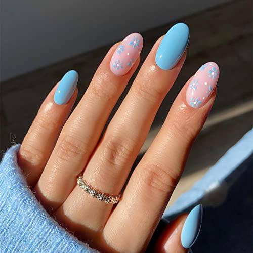 KXAMELIE Blue Press on Nails Medium with Flora Design,Glue on Nails Fake Nails with Nail Glue Acrylic Nails for Summer 24PCS Reusable Nails Press on,Salon Quality Cute Nails