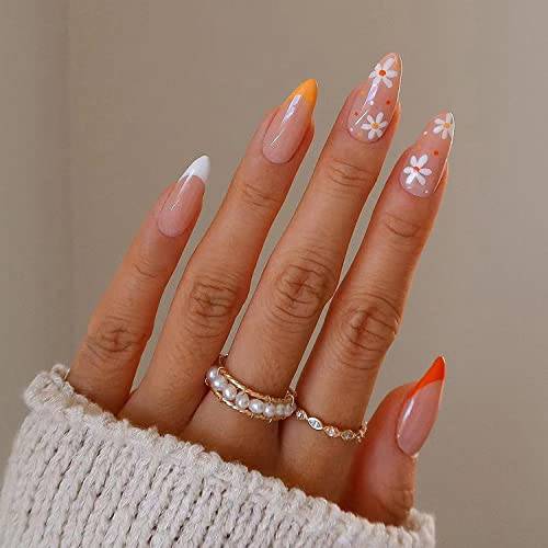 24Pcs Daisy Press on Nails, Medium Almond Fake Nails Pink French Tip Press on Nails Coffin Spring Summer Nail Art Decor Exquisite Design Daisy Flower Acrylic Press on Nails for Women Girls (Flower)