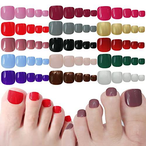 360pc Short Square Press on Toe Nails Colored Glossy Fake Toenails 10 Sizes 15 Colors Full Cover Artificial False Toenail for Women Teen Girls