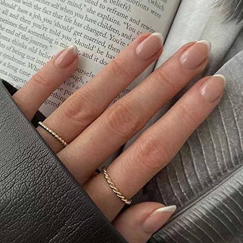 Kamize Medium Length Fake Nails French Press on Nails Almond Nude Acrylic False Nails Artificial Nails for Women and Grils