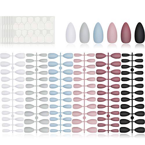 144 Pieces Short Matte Press on Nail Full Cover Fake Nails 6 Solid Colors Stiletto Fake Nails Almond False Nails Artificial Nails with 6 Sheets Adhesive Tabs for DIY Nail Art (Deep Color)