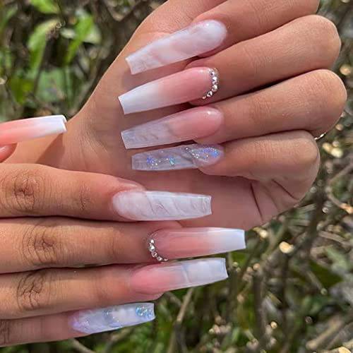 YOSOMK luxurious Long Press on Nails Gems Pink Coffin Fake Nails with Designs Glossy False Nails for Women Girls Stick on Nails with Glue on Acrylic Nail Tips