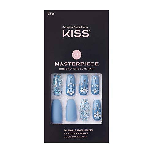 KISS Masterpiece One-Of-A-Kind Luxe Mani, Long Length, Premium Acrylic Fake Nails, Style “Cruise Party”, with Pink Gel Nail Glue, Manicure Stick, Mini File, & 30 False Nails Including 12 Accent Nails