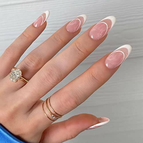 Press On Nails Almond Shape, 24 Ct Long Length French Fake Nail Tips, Press-on Nail Kit for Nail Extensions, Reusable, Tube Glue Included (Reason to Try Almond)
