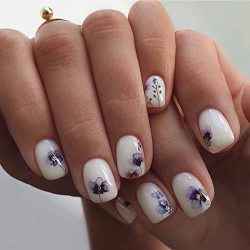 YOSOMK Square Fake Nails Short White Press on Nails with Flower Designs Glossy Stick on Nails Full Cover False Nails Acrylic Nails for Women