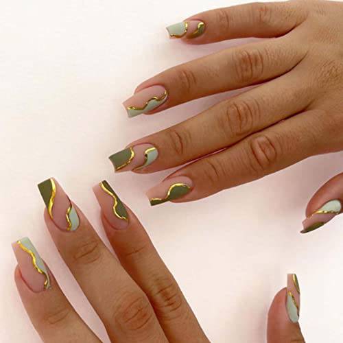 Kamize Medium Green Press on Nails Coffin Fake Nails Acrylic Full Cover Matte False Nails for Women and Girls24PCS