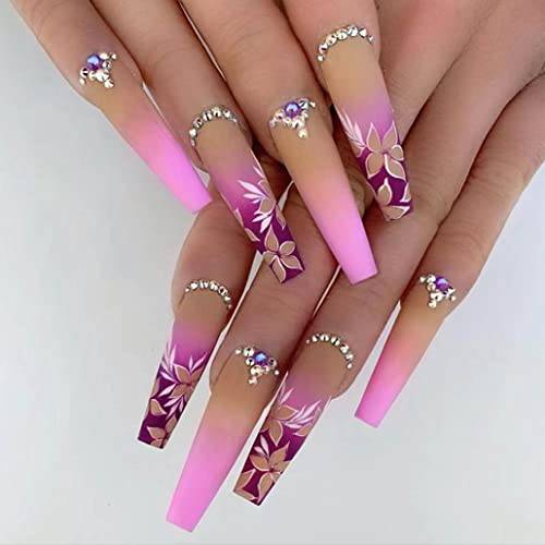 Foccna Artificail Extra Long Press on Nails, Rhinestone Pink Fake Nails with Glitter Acrylic Full Cover Fake Nails with Design Nail Tips for Women&Girls, 24PCS