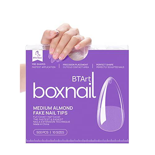 Clear Almond Nail Tips - BTArtbox 500pcs No E-file Needed False Nails, Full Cover/Half Cover Nail Tips for Acrylic Nails Professional Extension with Case, 10 Sizes