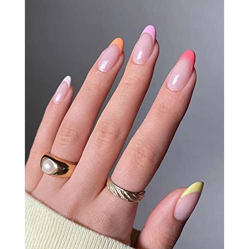 JUSTOTRY 24 Pcs French Almond Fake Nails,Glossy Short Press on Nails with Design,Colorful Nail Art Tips Press on,Nude Acrylic False Nails,Artificial Nails Set for Women Nail Salon with Nail Glue
