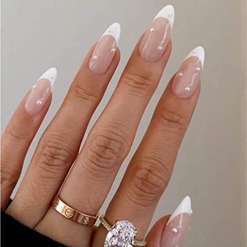 Foccna French Press on Nails Medium, Pearl White Fake Nails Almond Acrylic False Nails, Artificial Nails for Women and Girls 24 pcs