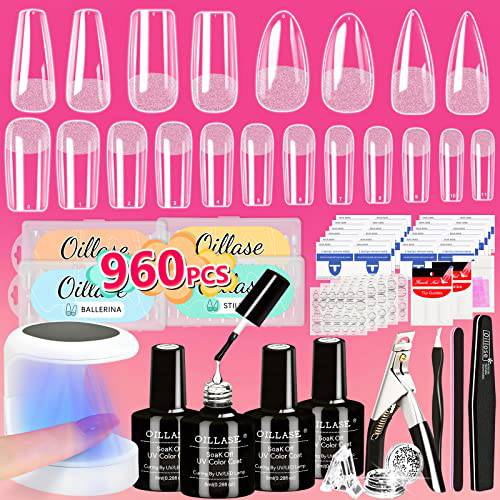Gel Extension Nail Kit, 960 PCS Full Cover Gel Nail Tips, Nail Tips and Glue Gel Kit, Nail Tips for Acrylic Nails Professional, Coffin/Stiletto/Square/almond Fake Nail Tips, Full Cover with UV Light