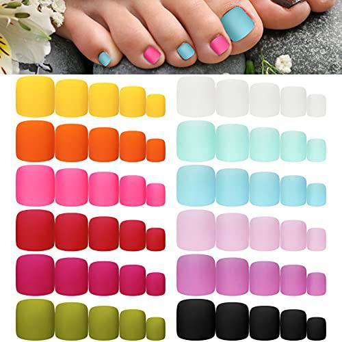 336 Pieces 12 Sets False Toe Nails Matte Short Square Fake Toenails Full Cover Glue-on Fake Toe Nails Solid Color Matte False Toe Nails for Women Girls Favors (Fresh Colors)