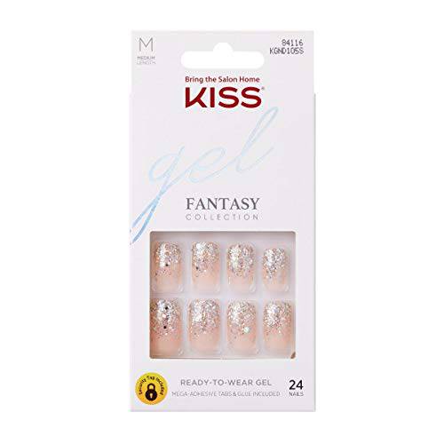 KISS Gel Fantasy Ready-to-Wear Press-On/Glue-On Gel Nails, Style “I Feel You”, Medium Length Gel Nail Kit with 24 Mega Adhesive Tabs, Pink Gel Glue, Manicure Stick, Mini File, and 24 Fake Nails