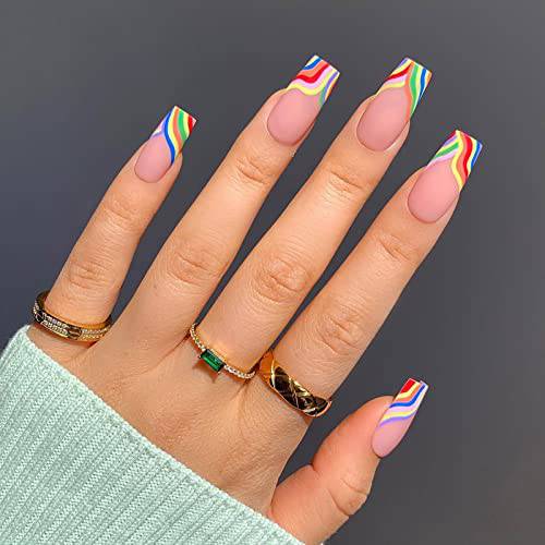 Vaveah 24 Pcs Christmas Press on Nails Medium, Matte Cute Fake Nails with Glue, False Nails Glue on Nails for Women (Pink Colorful Rainbow)