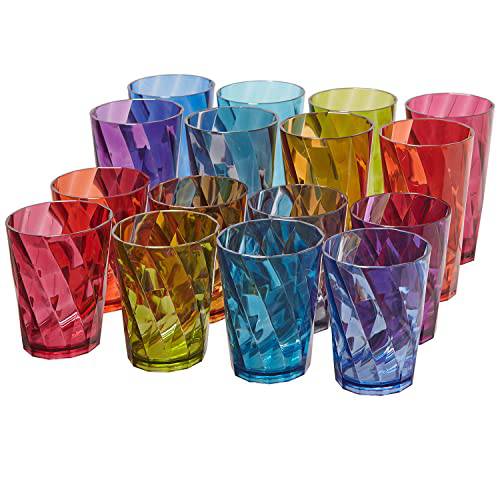 US Acrylic Optix 16-piece Plastic Stackable Tumblers in Jewel Tone Colors | 8 each: 14-ounce Rocks and 20-ounce Water Drinking Cups | Reusable, BPA-free, Made in the USA, Top-rack Dishwasher Safe