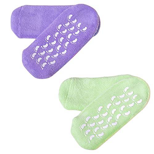 2 pairs Moisturizing Gel Socks, Ultra-Soft Moisturizing Socks with Spa Quality Gel for Moisturizing Vitamin E and Oil Infused,helps to repair the feet,Purple & Green
