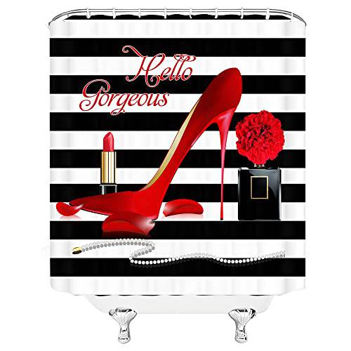 High Heel Shower Curtain Red Fashion Makeup Black White Stripes Hello Gorgeous Girl Lady Sexy Heels Lipstick Perfume Cosmetic Floral Petal Pearl Necklace Bathroom Decor Curtains with Hook 70X70