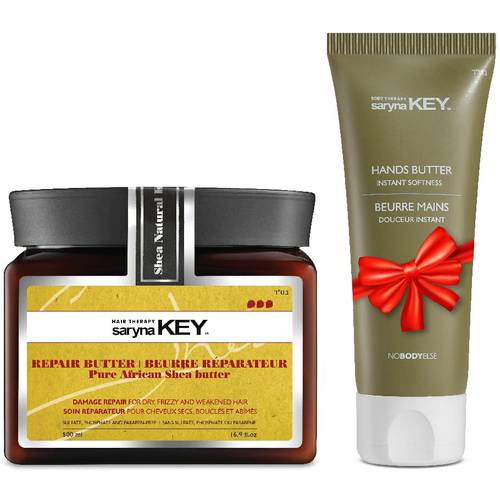 Saryna Key Damage Repair Treatment Butter Mask - African Shea Butter for Dry Hair Treatment - Rejuvenating Butter Moisturizer with Natural Keratin and Vitamins A, E, F (500ml/16.9oz + Hand Cream)