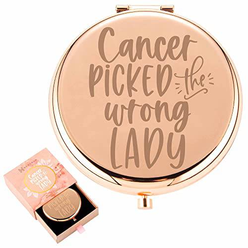 Breast Cancer Survivor Gifts for Women | Ovarian, Breast Cancer Awareness, Chemotherapy, Get Well Soon Sympathy Gift for Cancer Patient | Cancer Picked The Wrong Lady | Rose Gold Compact Mirror