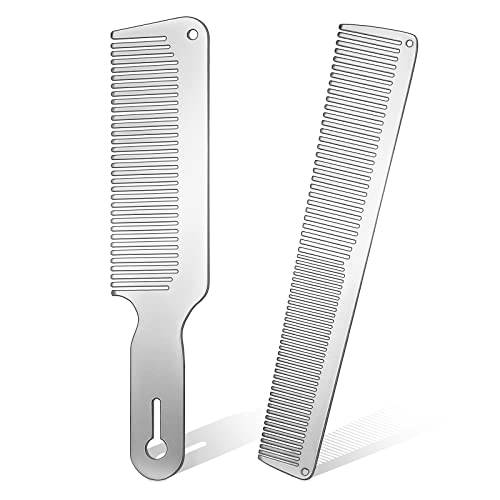 2 Pieces Metal Comb Set Metal Barber Comb Stainless Steel Blending Comb Fine Styling Cutting Comb Flat Top Clipper Comb Metal Detangling Comb for Men Women Salon, 2 Styles (Silver)