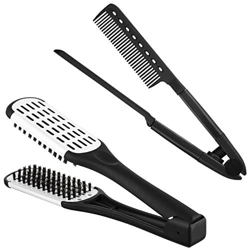2 Pieces Straightening Comb For Hair, Boar Bristles Clamp Double Sided Brush Hair Straightening Brushes Comb Flat Iron Comb Hair Styling for Straightening Knotty Hair Unkempt Hair (Black White, Black)
