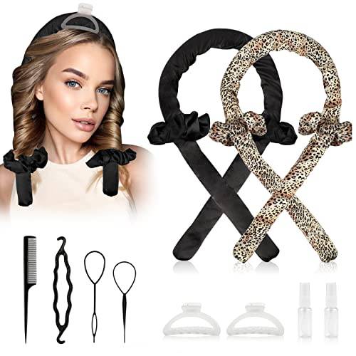 2 Packs Heatless Curling Rod Headband, QUEARN No Heat Curlers Hair Rollers to Sleep in Curl Ribbon with Scrunchies Hair Clips Overnight Hair Curlers for Women Long Hair Styling Tools(Black+Leopard)