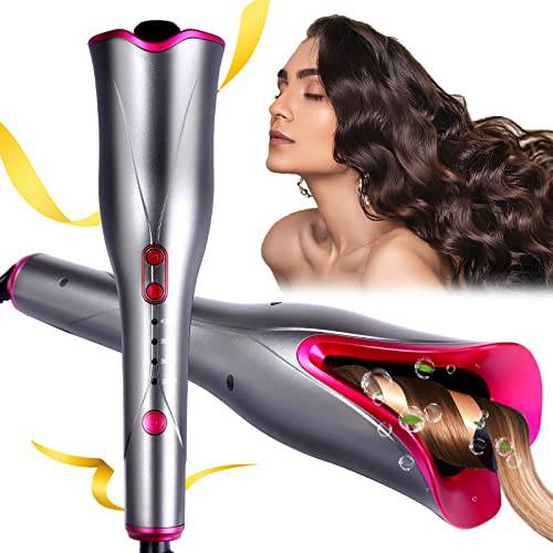 Automatic Hair Curler Curling Iron - 4 Temps & 3 Timer Settings, Curling Iron with Dual Voltage,1 Large Rotating Barrel, Auto Shut-Off Fast Heating Spin Iron for Women with Long Hair (Purple)
