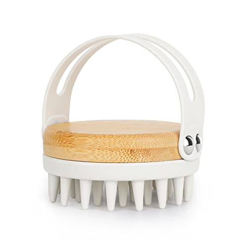 AIMIKE Bamboo Scalp Massager Shampoo Brush, Hair Scrubber for Washing Massage, Soft Silicone Scalp Brush for Dandruff Removal, Head Exfoliation, Stimulating Hair Growth, Wet Dry Scalp Scrubber, Beige