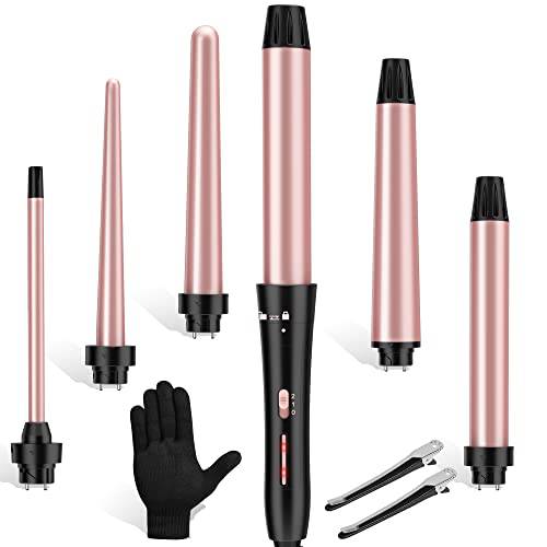 Curling Iron Set, USHOW 6 in 1 Curling Wand Set Hair Iron Kit Instant Heat Up Hair Curler with 6 Interchangeable Tourmaline Ceramic Barrels (0.35’’ to 1.25’’) Temperature Adjustments, with Gloves