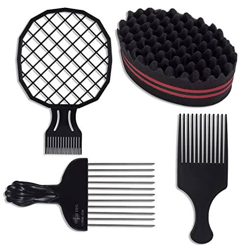 WANMEI 4PCS Afro Twist Comb Set - Includes 1 Big Holes Sponge Brushes+ 1 Twist Comb+1 Metal Styling Comb+1 Plastic Styling Comb - Afro Hair Combs For Barber, Salon And Home Personal Use