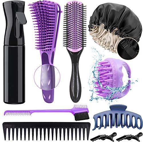 10Pcs Detangling Brush for Black Natural Hair, Curly Hair Brush Set with Sleep Bonnet for Afro America/African Hair 3a to 4c Texture, Detangling Brush Set Easier and Faster Detangling on Wash Days