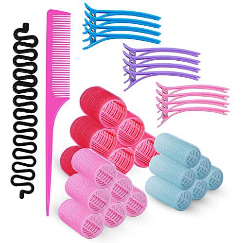 Rollicky Velcro Hair Rollers Set 32Pcs, 18 Velcro Rollers, 12 Duckbill Hair Clips, Hair Braider, Hair Comb-Small, Medium, Large Hair Rollers for Long Hair, Self Grip Hair Rollers for Short/Medium Hair