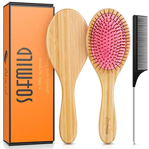 Sofmild Bamboo Wooden Paddle Hair Brush Comb Set, Hairbrushes for Women Men Kid Detangling Hair Massaging Scalp with Round Tip Bristles for All Hairstyles (Blue Wooden)
