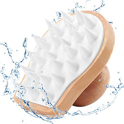 Hodola Hair Scalp Massager Shampoo Brush, Natural Wooden Hair Scrubber for Washing Hair, Scalp Massager Hair Growth to Remove Dandruff for Wet & Dry Hair, Compatible with Men & Women (White)