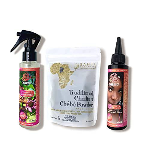 Hair Growth Bundle (Trial Size) - 3 Top-Rated Hair Growth Products for Quick, Reliable Results. Fermented Rice Water(4oz) , Chebe Powder(20g), and Chebe Oil(4oz) 100% Natural + Organic Hair Treatment
