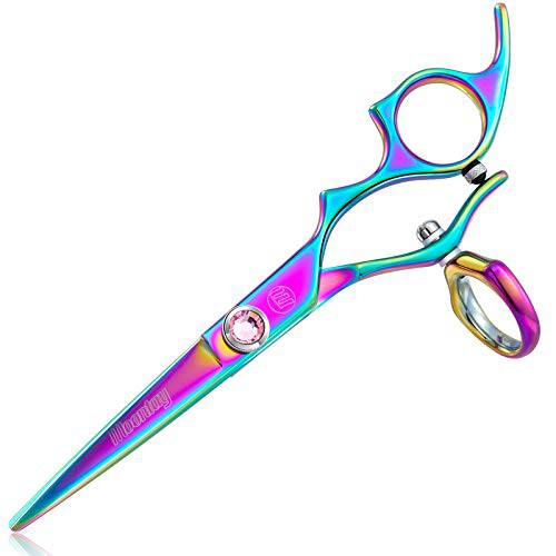 5.5 Swivel Thumb Hair Scissors, Professional Hair Cutting Scissors, Rainbow Titanium Coated Hair Trimming Shear for Barber Haircutting and Salon Haircut, Jewelled Dial, Japanese 440C Steel