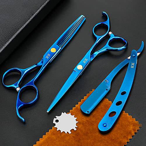 Professional Blue Hair Cutting Scissors Sets Stainless Steel Barber Hairdressing Scissors Salon Multifunctional Straight Shears Thinning Scissors Tools for Men Women Home Use