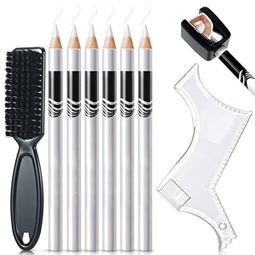 NewBang 8 Pieces White Barber Pencil Set Edge Hairline Razor Trace Pencils Beard Guide Beard Hairline Outliner and Beard Shaping Pencils(6pcs Barber Pencils with Built-in Sharpener,Brush and Ruler)