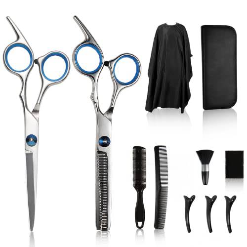 Hair Cutting Scissors Kit,11 Pcs Professional Haircut Scissors Kit with Cutting Scissors,Thinning Scissors,Neck Duster Brush,Comb,Barber Cape,Hair Clips,Hairdressing Shears Set for Barber and Home